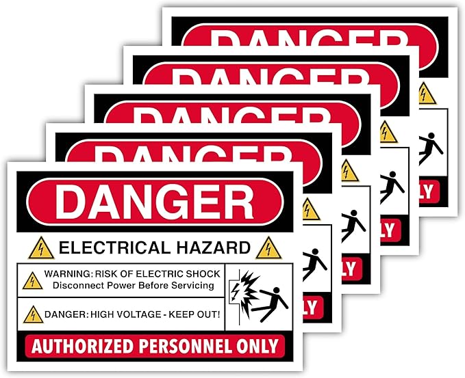 5-Pack Danger Electrical Hazard Labels – 4.13" x 5.83" Polypropylene Glossy-Laminated Safety Decals – High Voltage, Electric Shock Risk, Disconnect Power, Keep Out, Authorized Personnel Only Stickers