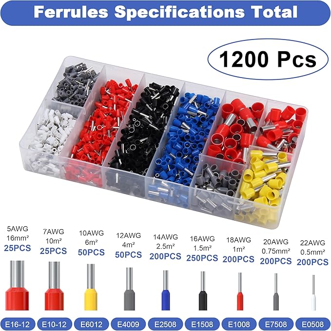 1200PCS Wire Ferrules Terminals Kit(0.08-16mm²/AWG28-5) Terminal Connector, Wire Insulated Cord Pin Ends Terminals for Electric, Industrial, Power Control System, etc