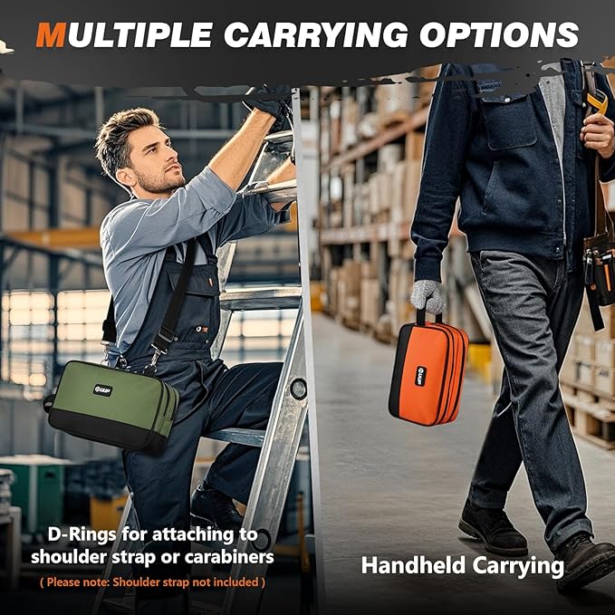 12 10" Small Tool Bag 2 Pack, Zipper Tool Pouch 2 Compartments, Utility ToolBag with Carrying Handle, Toolbox Organization, Screwdriver Storage Tool Box, Mechanic Men Dad Gifts, Orange/Green