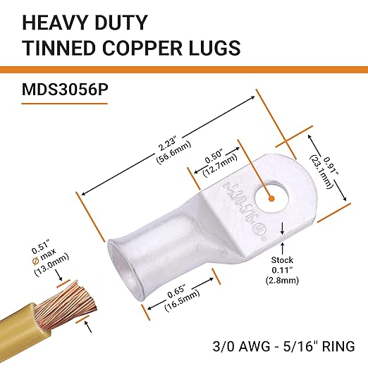 SELTERM 10pcs 3/0 AWG-5/16" Stud Tinned Copper Wire Lugs, Heavy Duty Battery Cable Ends,000 Gauge Ring Terminals, UL Battery Lugs Marine Grade Copper Eyelets Electrical Battery Terminal Connectors