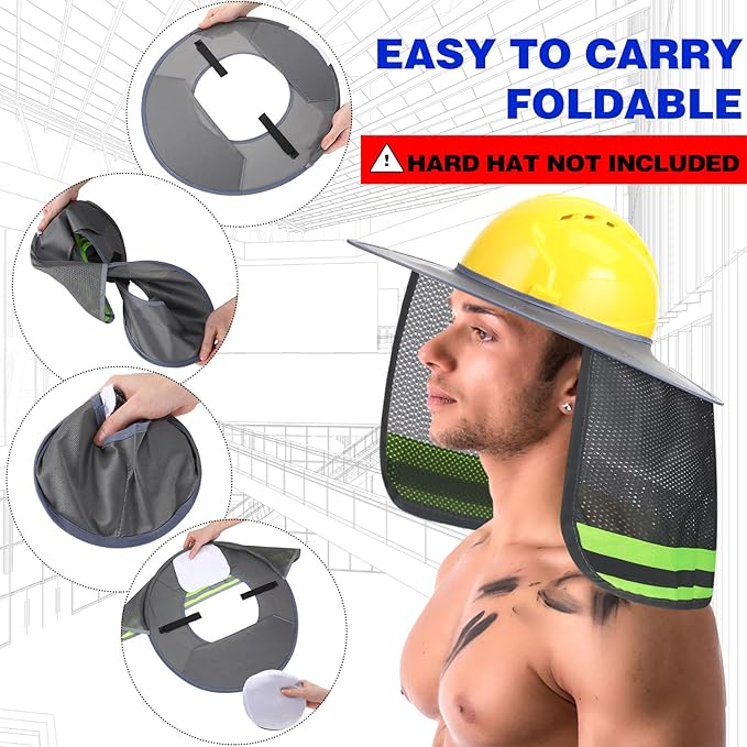 Vicenpal 10 Pcs Hard Hat Shade Full Brim, High Visibility Sun Visor Neck Shade with Reflective Strip, Hard Hat Accessories for Men Women Construction Use(Grey, Yellow)