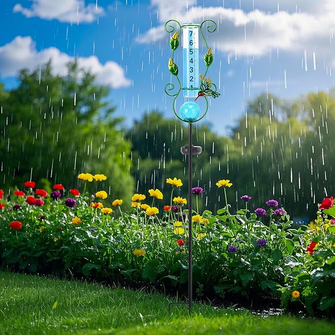 WONDER GARDEN Solar Rain Gauge Outdoor, Hummingbird Decorative Rain Gauges Outdoors Best Rated with Blue Crackled Glass Ball, Freeze Proof Water Rain Measure Gauge for Yard Patio Lawn Decor