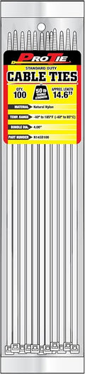 Pro Tie Standard Duty, Self-Locking Nylon Cable Wire Ties for Indoor and Outdoor Use | 14.6-Inch, 50 lbs. Tensile Strength, Natural Nylon, 100-Pack (PN: N14SD100)