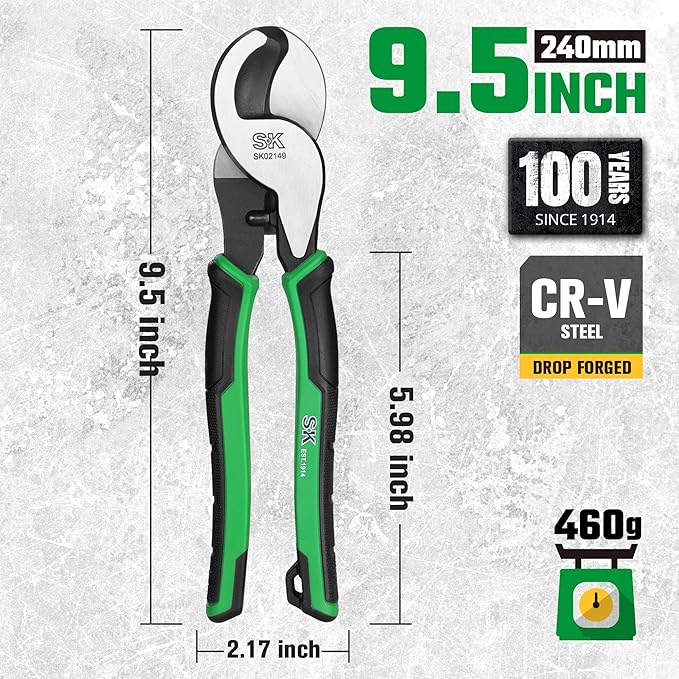 SK 9.5-Inch Cable Cutter, Heavy-Duty Wire Cutter, High Leverage Cable Cutting Pliers with Knurled Handle, Premium CR-V Steel, for Aluminum, Copper, Wire, and Communications Cable