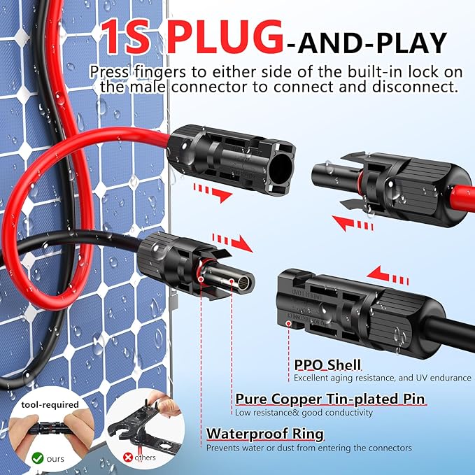 2x100 Feet Solar Panel Extension Cable, 10AWG Solar Cable with Female and Male Waterproof Connectors for RV, Photovoltaic Systems (100FT Red + 100FT Black)