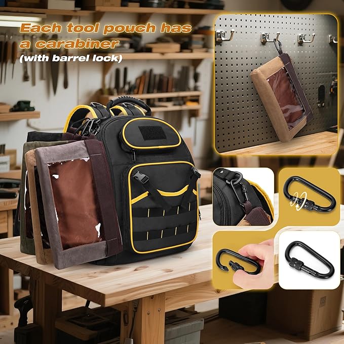 4 Pack Heavy Duty Tool Pouch with Carabiner, 12” Canvas Tool Pouch Bag with Clear Window (4 Colors: Black, Gray, Green, Khaki)