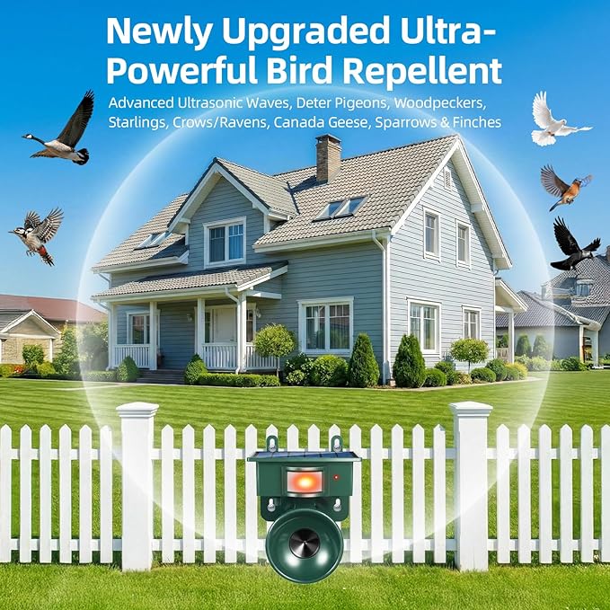 2026 Upgraded Solar Ultrasonic Bird Repellent Devices Outdoor Woodpecker Deterrent for House Motion Activated Goose Pigeon Repellent IP65 Waterproof Bird Scare Devices for Garden Farm Yard Balcony