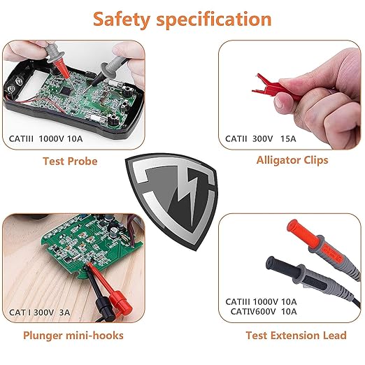 KAIWEETS Soft Silicone Electrician Test Leads Kit CAT III 1000V & CAT IV 600V with Alligator Clips and Needle Probe for Fluke/AstroAI/INNOVA Multimeter Electronic Clamp Meter 9PCS