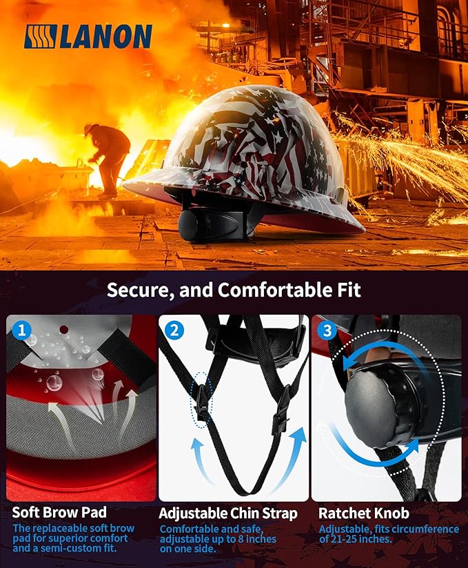 LANON Full Brim Hard Hat, OSHA Construction Work Approved, Premium American Flag Design, FRP Safety Helmet with 4 Point Adjustable Ratchet Suspension, Class C