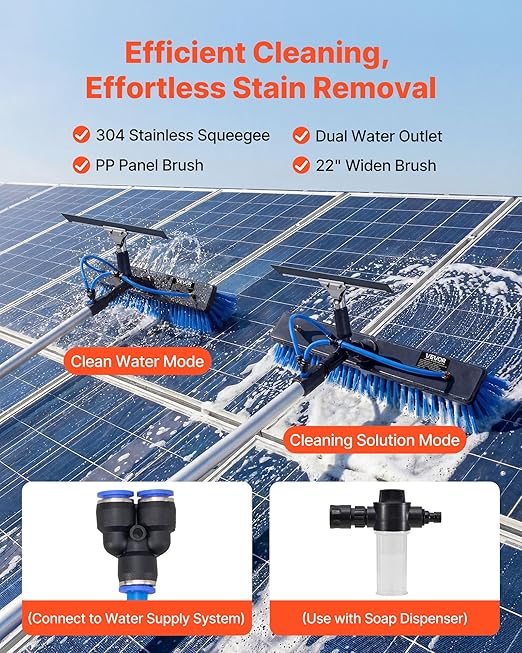 VEVOR Solar Panel Cleaning Kit, 15 ft, Water Fed Pole Kit with Cleaning Brush, Squeegee, Soap Dispenser, Extendable Aluminum Telescopic Pole, 180° Rotatable Brush Head, for Roof Mounted Solar Panels