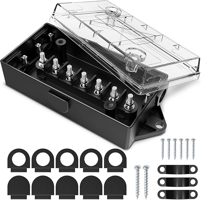MICTUNING 7 Way Electrical Trailer Junction Box - 7 Gang Trailer Wire Connection Box Weatherproof for Rewiring Camper RV Caravans Boat Light, Transparent Cover