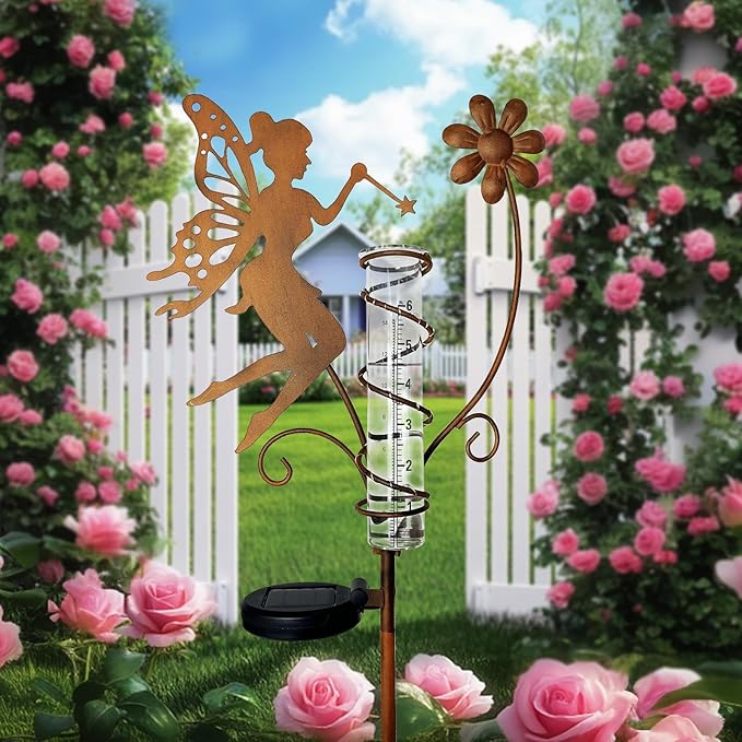 HONGLAND Rain Gauge Outdoor with Solar Lights - Metal Fairy Stakes & Replaceable Glass Tube - Garden Rain Gauge Decorations for Patio, Balcony, Yard, Lawn - Unique Holiday Gift Ideas