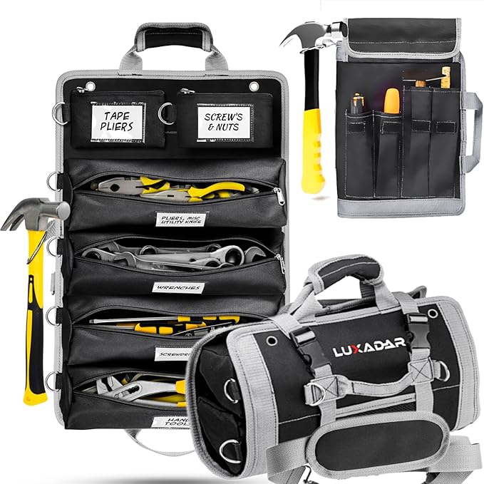 Updated Tool Roll Up Tool Bag Organizer, Name Tags, Advansed Features, Heavy Duty Tool Roll Bag Organizer, Mens Gifts For Him Motorcycle Mechanic & Electrician LUXADAR (6 Detachable Pouches)