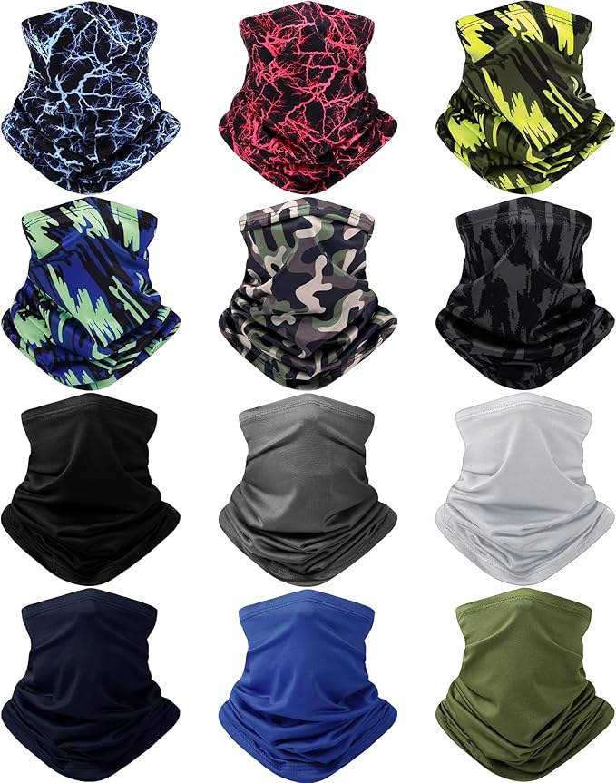 Cuffbow 12 Pack Neck Gaiters Face Mask Bandana Balaclava for Men Women Cooling Neck Gaiter Summer UV Sun Protection Scarf