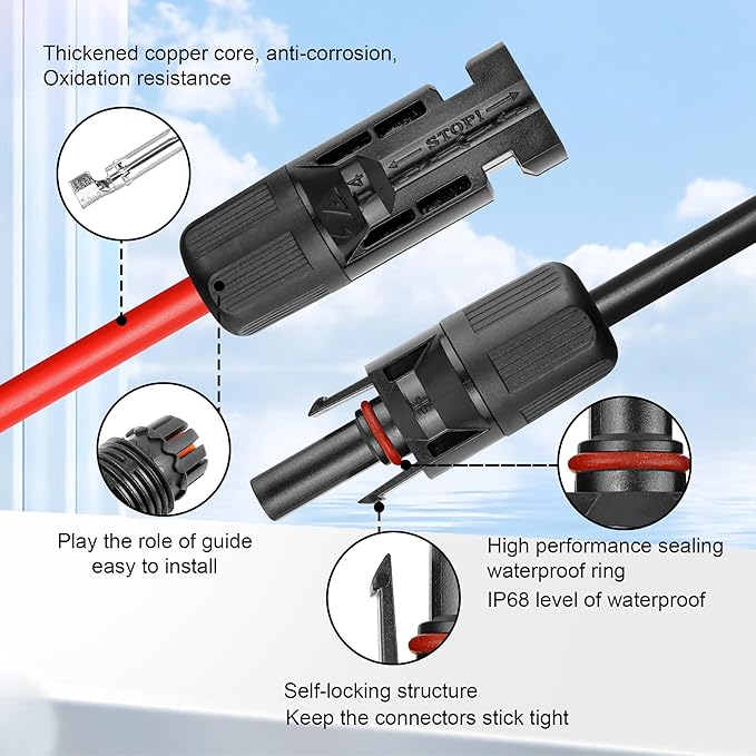 20 FT 10AWG Solar Panel Extension Cable,10 Gauge Extension Cord,5FT 10FT 20FT 30FT 50FT 100FT Solar Panel Wire with Extra Fair of Female and Male Connectors Solar Adapter for RV, Photovoltaic Systems