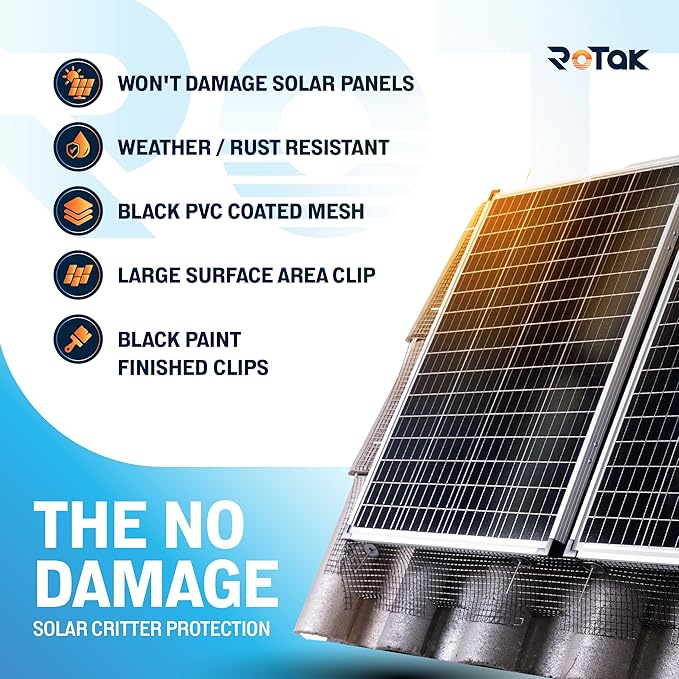 ROTAK Critter Guard - 8in x 100ft Solar Panel Bird Guard with Fastener Clips - Galvanized Black PVC Coated ½ inch Wire Roll Mesh (8" x 100' with 100 Fastener Clips)