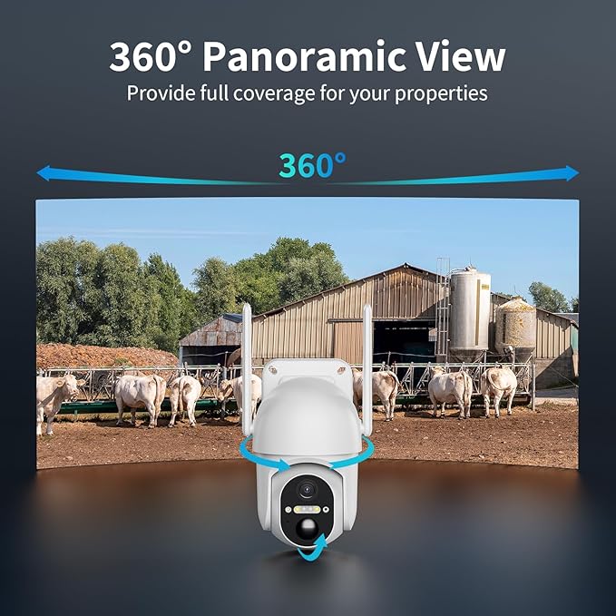 4G LTE Cellular Security Camera, 2 Pack Solar Powered Outdoor Cameras No WiFi Needed for Farm&Ranch, 360° View, 2K Night Vision, Includes SIM Card(Support Verizon/AT&T/T-Mobile) - White
