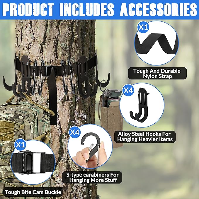 Tree Stand Harness Strap, Treestand Gear Hanger Starp with Multiple Carabiner Hooks for Hunting