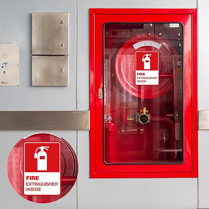 2 PCS Fire Extinguisher Inside Sign Stickers,Self Adhesive Vinyl Safety Label Waterproof, Fade and Scratch Resistant, Suitable for Indoor and Outdoor,Red on White