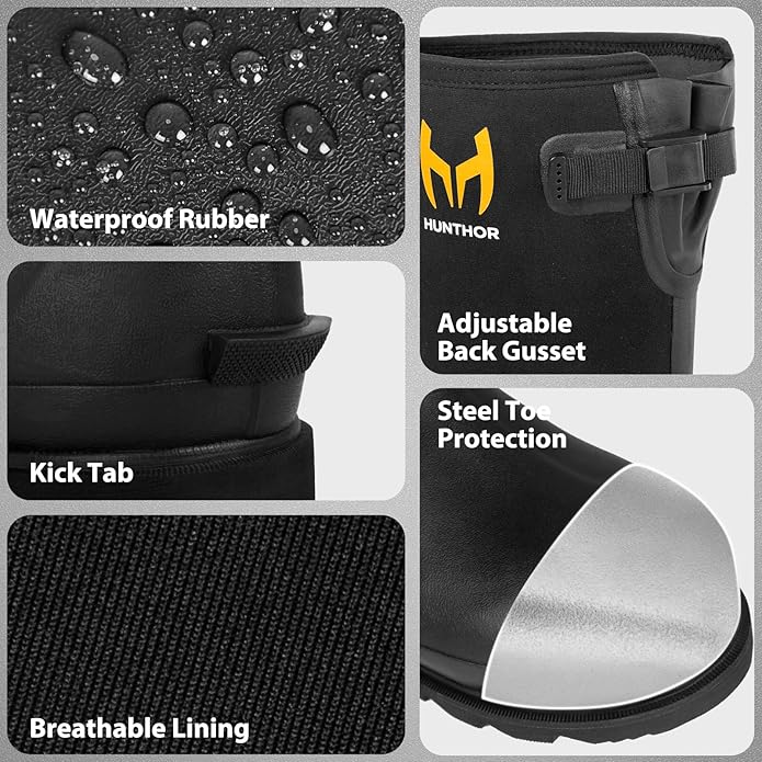 Rubber Work Boots, Puncture-Proof with Steel Toe & Shank, Waterproof Insulated 6mm Neoprene Hunting Boots for Farming, Construction, Gardening, Fishing, Outdoor Work (Size 6-14)