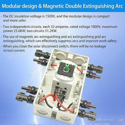 IP66 Waterproof Solar PV DC Quick Disconnect Switch, 1000V 64A Solar Panel Disconnect Switch with Connector for Off/On-Grid Systems, RV & Boats