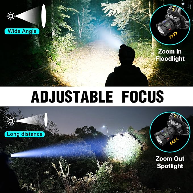 Headlamp Rechargeable 5000 High Lumen: Super Bright LED Head Lamp with Motion Sensor, 9 Modes, IPX7 Waterproof, 90°Adjustable, Zoomable Headlight for Adults Hunting Camping Hiking Running