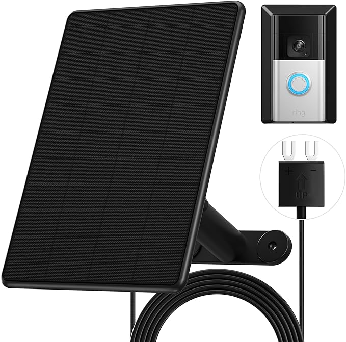 Solar Panel Charger for Ring Video Doorbell 3/3+/4, Battery Doorbell Plus/Pro with Mount Stand, 2-Prong Port, Solar Charger 10ft Charging Cable, 6W Waterproof Solar Panel, 5.9-8.7in Adjustable Mount