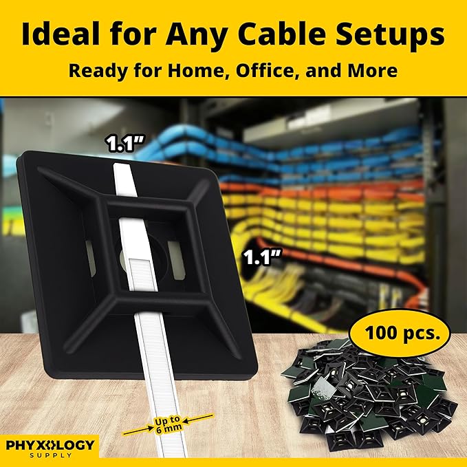 Zip Tie Adhesive-Backed Mounts 100Pk. Professional-Grade, UV Black Cable Tie Bases, 1.1 x 1.1. Screw-Hole Anchor Point Provides Optimal Strength for Long-Term Durability & Use and Clutter-Free Cables.