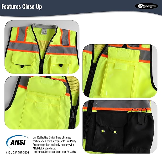 JKSafety Hi-Vis Unisex Surveyor Safety Vest Heavy Duty PPE Inner Pockets ANSI/ISEA Compliant