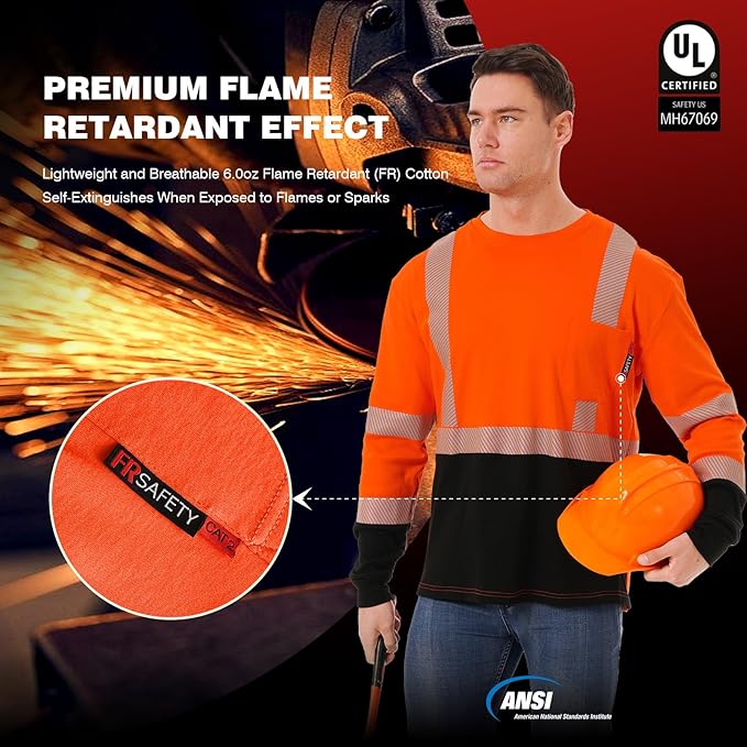 SKSAFETY FR Shirts for Men Long Sleeve, Welding Shirt 6oz Lightweight High Vis Fire Resistant Flame Retardant Shirt CAT2