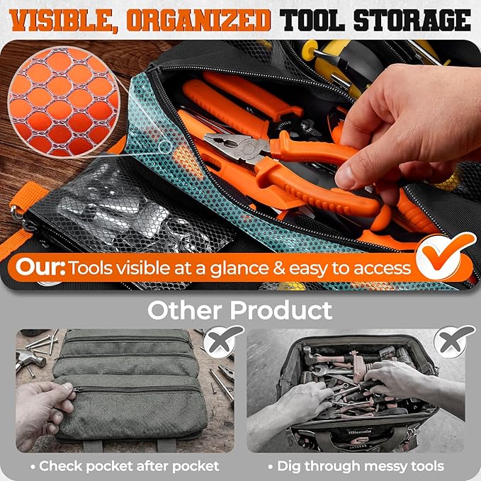 Roll Up Tool Bag, Heavy Duty See-Through Tool Roll Organizer with 2 Detachable Pouches, Portable Mechanic & Motorcycle Tool Bag, Birthday & Father’s Day Gift, Orange