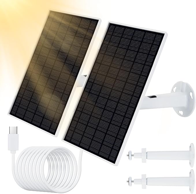 ELUTENG 2 Pack 5W 5V Solar Panel Charger for Security Camera, 16ft/5M Cable, IP65 Waterproof, 360° Adjustable Metal Wall Mount, Outdoor USB Solar Panel for Rechargeable Battery Camera
