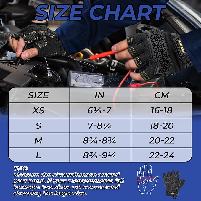 HANDLANDY Fingerless Work Gloves for Mens & Women, Uwrist Half Finger Shock-Absorbing Breathable Glove