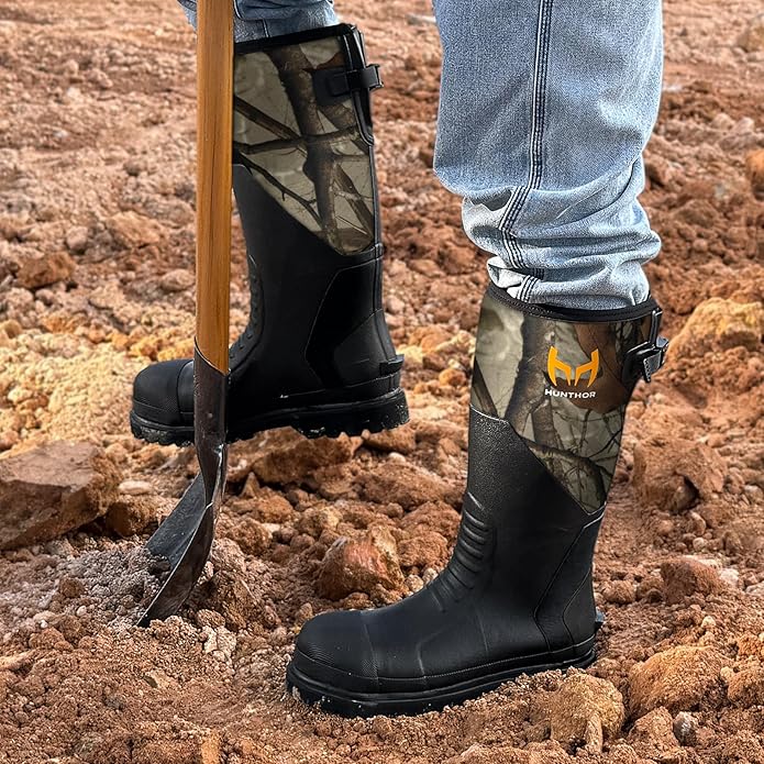 Rubber Work Boots, Puncture-Proof with Steel Toe & Shank, Lightweight Waterproof Anti Slip EVA Outsole Hunting Boots for Men, 6mm Neoprene for Construction, Manufacturing or Farming(Size 6-14)