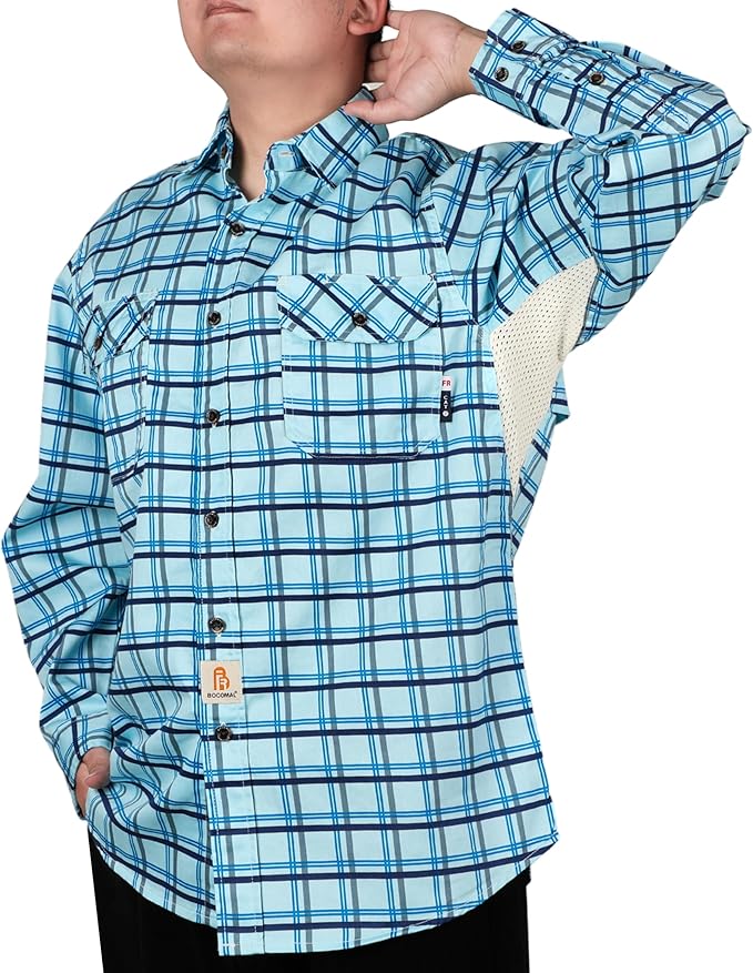 BOCOMAL FR Shirt for Summer Lightweight Vented Mesh Back and Underarm Breathable Flame Resistant Welding Button Down Shirts