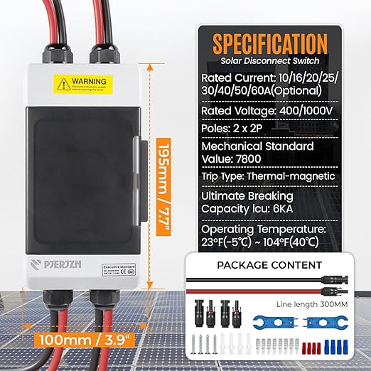Solar Panels Disconnect Switch 16A 400VDC PV Shut Off Switch Outdoor 2 String Circuit Breaker Box IP66 Waterproof UV-Proof