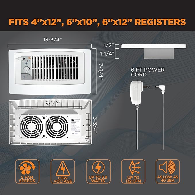 Suncourt Flush Fit Floor/Wall Register Booster Fan — Ultra-Quiet, 5-Speed Vent Fan with Smart Technology and 6-Foot Power Cord, HC500-WPL (White)