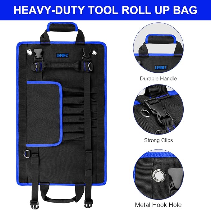 Tool Bag,Large Roll Up Tool Bag Organizer,13 Pockets Tool Roll Storage Pouch,Heavy Duty Portable Tool Storage Carrier Bag for Men,Mechanic,Electrician,Valentines Day Gifts for Men,Black/Blue