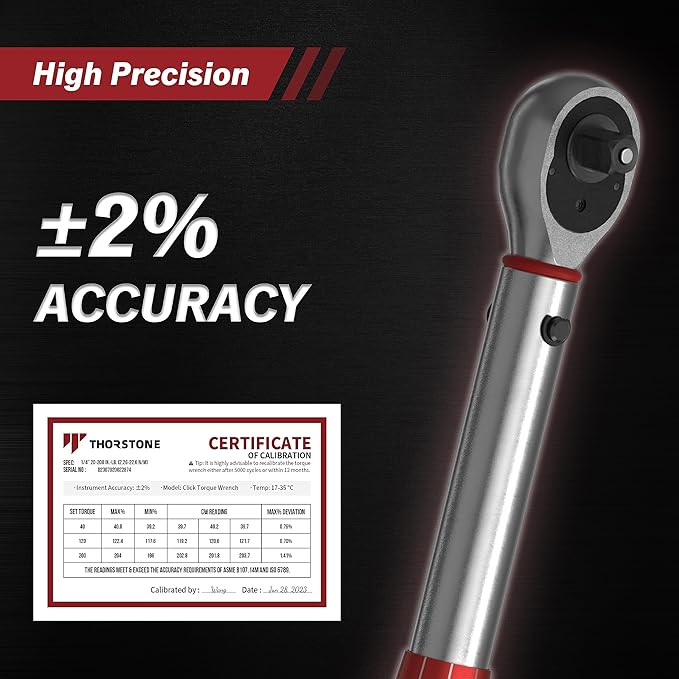 Thorstone 1/4 Torque Wrench, 90-Tooth Gear Professional Precision, 20-200 IN-LB/2.26~22.6 Nm Adjustable Micrometer Click Torque Wrench, for Bicycle Maintenance, ±2% Clockwise High Accuracy