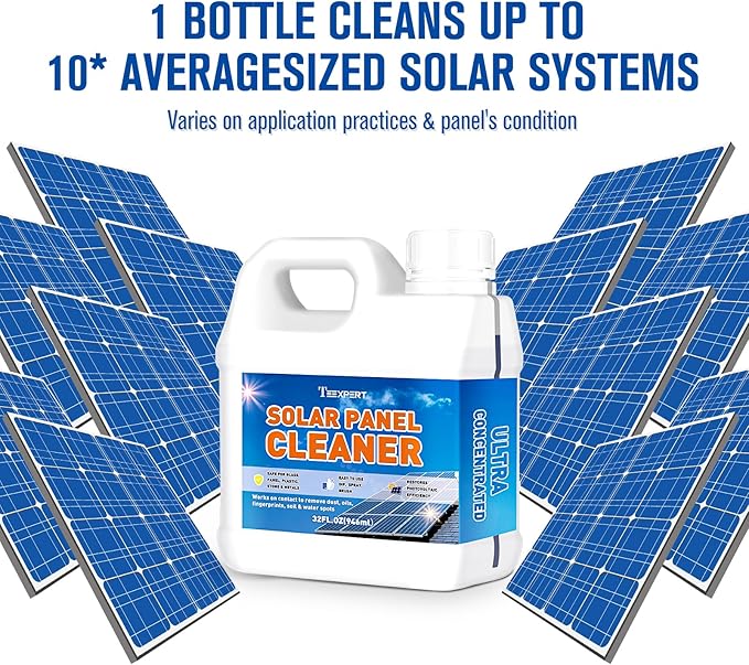 Teexpert Solar Panel Cleaner (32oz Makes 150 Gallons), Ultra Concentrated Glass & Solar Panel Cleaning, Pro Streak-Free Ultra Quick Dry Remove Dirt, Dust, Droppings, Oils, Fingerprints & Water Spots
