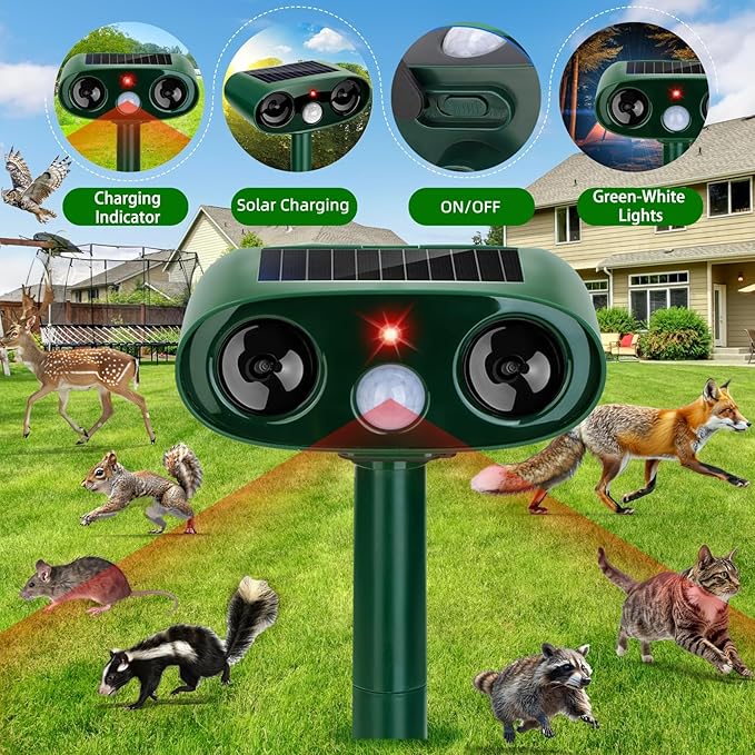 2026 Upgraded Solar Ultrasonic Animal Repeller Outdoor, 4 Pack Waterproof Bear Repellent Devices & Cat Deterrent for Yard, Ultrasonic Animal Repellent for Rabbit, Goose, Raccoon, Squirrel, Dog