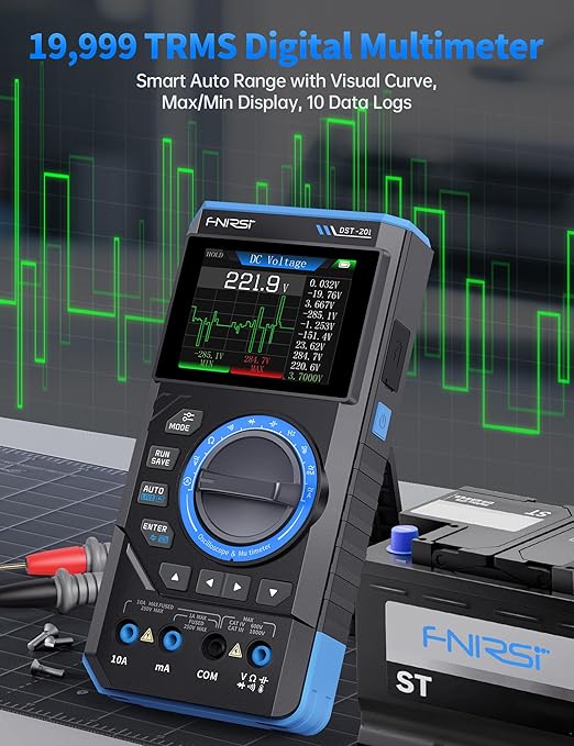 FNIRSI DST-201 3IN1 Digital Multimeter 19999 Counts TRMS, 1MHz Bandwidth Handheld Oscilloscope Multimeter DDS Generator, 5MSa/s Sample Rate, AC/DC Voltage Current Capacitor Resistor Diode Temperature