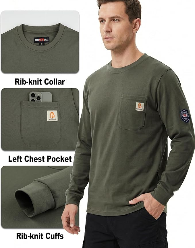 BOCOMAL FR Shirts Crewneck 7oz Midweight Flame Resistant Clothing NFPA2112 CAT2 Men's Fire Retardant Work Shirt