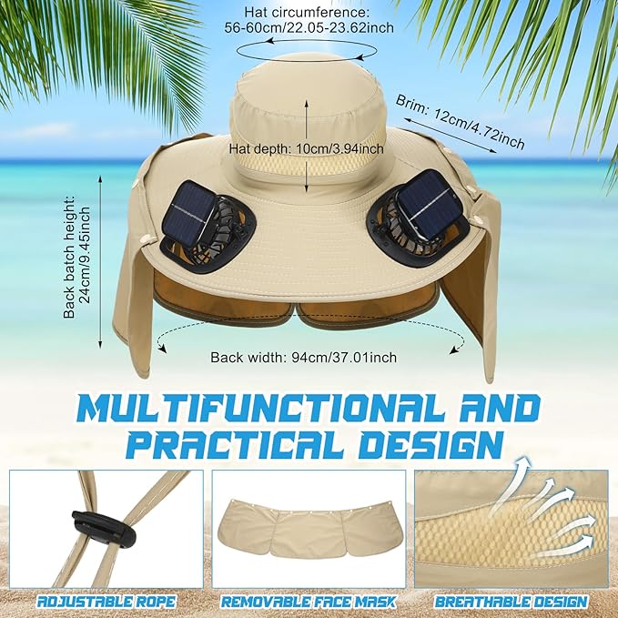 Chuarry Wide Brim Sun Hat with 2 Fan Outdoor Solar Powered USB Charging Fishing Hat with Neck Flap for Men Women