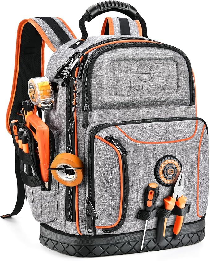 Tool Bag Backpack, 75 Pockets & Loops Heavy Duty Tools Organizer Bags/HVAC Tool Carrier for Eelectrician/Construction Work with Molded Base and Combination Lock, Large, Grey
