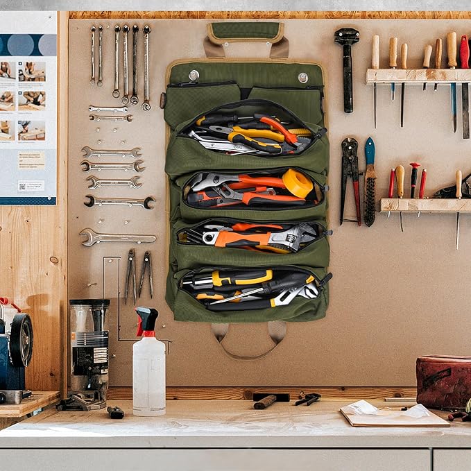 Tool Bag, Tool Bags for Men, Heavy Duty Tool Organizer, Portable Roll Up Tool Bag Gifts For Him, Mechanic, Electrician and Hobbyist, Car Tool Roll Organizer -Green