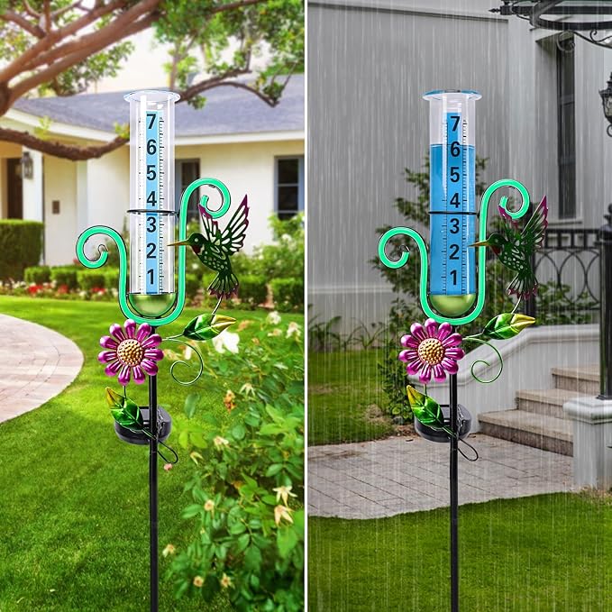 WONDER GARDEN Rain Gauge Outdoor,Hummingbird with Led Neon Lights Decorative Rain Gauge,Freeze Proof Solar Rain Gauges Outdoors Best Rated for Yard,Garden,Lawn Decor