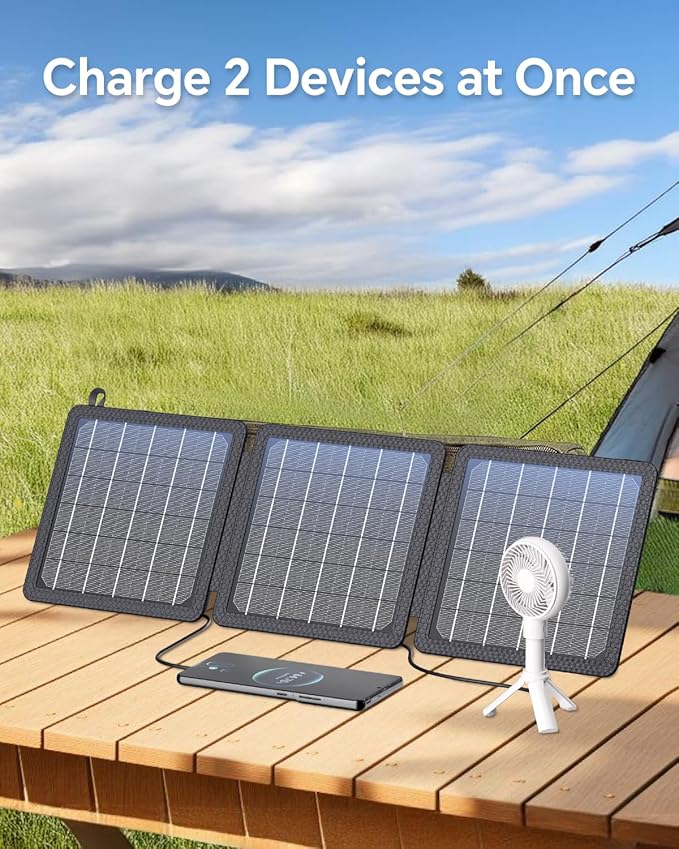 15W Small Portable Solar Panel Chargers (5V/3.0A USB-A/USB-C), IP65 Waterproof Foldable Solar Panel with Large Storage,Backpack Solar with 2 Carabiner for Camping,Hiking, Cell Phone,Tablet