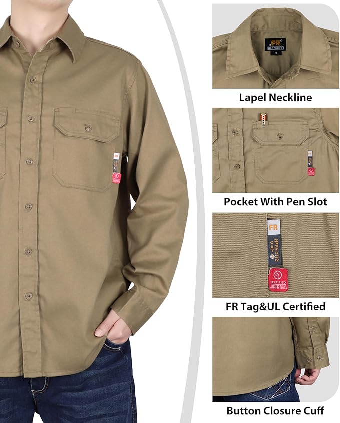 KONRECO FR Shirts for Men Fire Resistant Button Down Work Shirt 100% Cotton 6.5oz Lightweight Welding Shirts