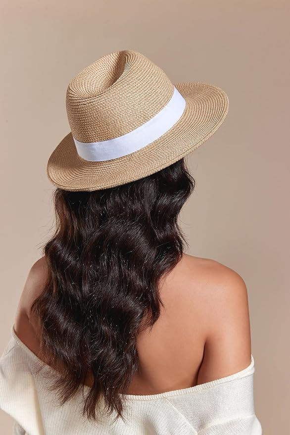 Joywant Womens Straw Fedora Beach Sun Hat, Packable Wide Brim Panama Hat for Women UV UPF50+ Summer Hat